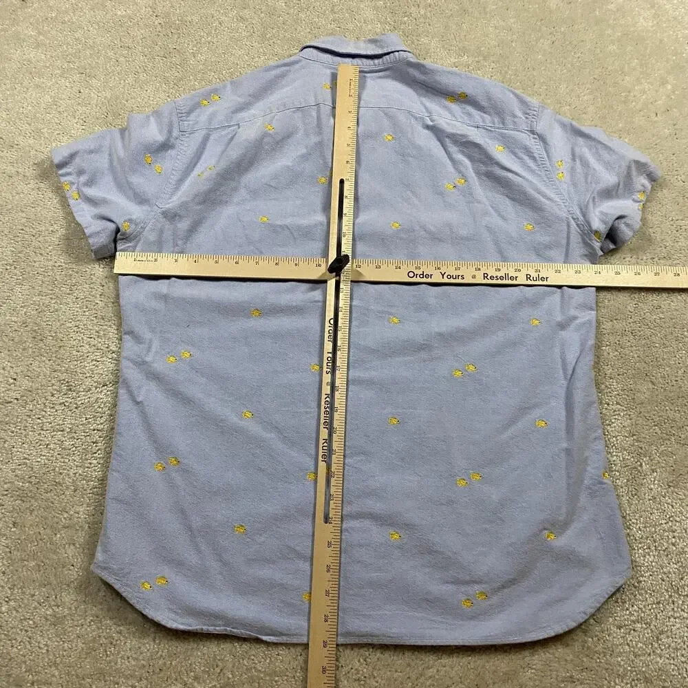 J Crew Shirt Mens XL Blue Oxford Short Sleeve Gold Fish Embroidered Slim Fit